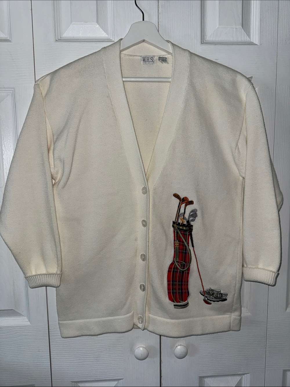 Vintage W.H.S. Cream Embroidered Golf-Theme Button Cardigan 100% Cotton Sz M